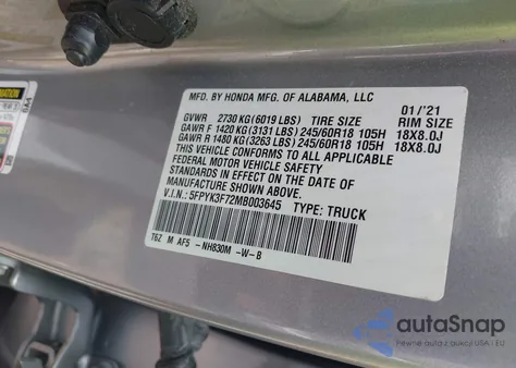 2021 Honda Ridgeline Rtl-E из США, поврежденный, VIN 5FPYK3F72MB003645